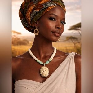 lion pendant carved antler necklace polished bone beads rondelles larimar stones